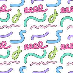 Seamless pattern with colorful wavy lines, swirls, and spirals on a white background, perfect for creative designs.