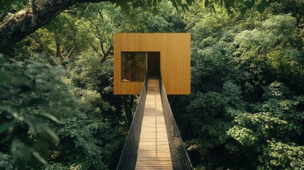 A minimalist cube-shaped tree house surrounded by dense green forest accessed by a wooden bridge, background wallpaper AI generated image