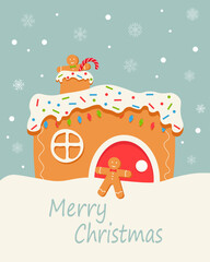 Merry Christmas and New Year festive greeting card with gingerbread house, candy cane, and snowflakes, vector illustration EPS10