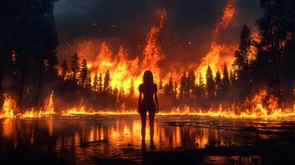 Fototapeta premium Silhouette of a woman facing a raging wildfire at dusk.