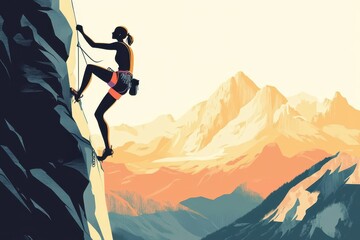 Fototapeta premium Silhouette of a Female Rock Climber Ascending a Cliff Face with a Mountain Range in the Background