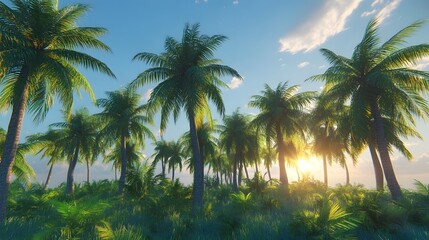 A vibrant tropical scene featuring lush palm trees at sunset.