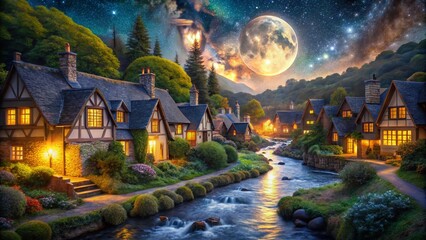 Obraz premium Moonlit Village Landscape Photography: Cozy Cottage Scenery, Night Sky, Starry, Rural, Peaceful