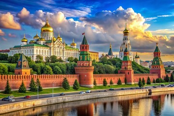 Fototapeta premium Moscow Kremlin Panorama: Stunning Russian Architecture, Red Square Views, Iconic Domes, Kremlin Walls, Historical Landmark, Breathtaking Scenery
