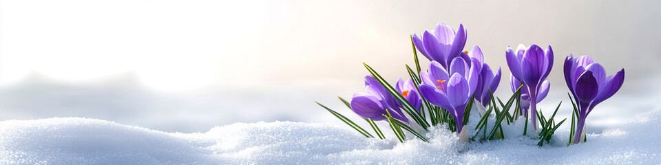 Purple crocuses bloom in a patchy garden amidst an endless white snowfield, symbolizing the transition from winter to spring.