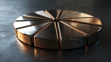 Metallic geometric shape on a dark textured surface displaying symmetry