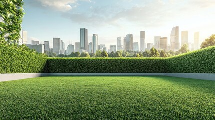 Obraz premium Minimalist luxury villa in the middle of the city, high walls of a large garden with green grass fences background wallpaper AI generated image