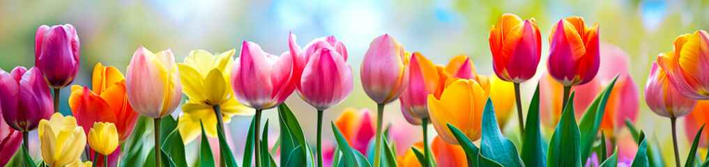 Fototapeta premium Vibrant photo of colorful tulips and daffodils in a spring garden on a sunny day.