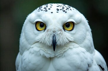 Majestic snowy owl with striking yellow eyes perched with an intense gaze against a blurred natural background. Generative AI