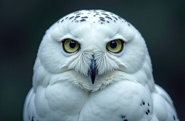 Obraz premium Snowy owl close up displaying striking features and captivating gaze in a natural habitat. Generative AI