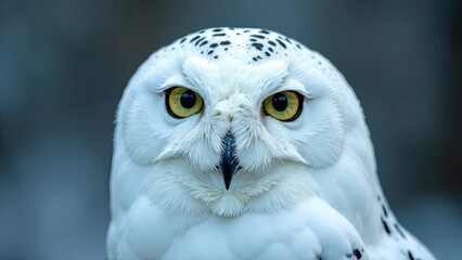Obraz premium Snowy owl displaying striking features and vibrant eyes in a natural setting around twilight. Generative AI