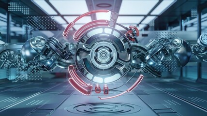 dynamic technical composition with robotic elements, colorful circuit traces, and intricate network connections. 