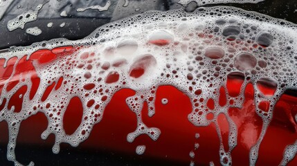 Intricate Car Wash Foam Patterns on a Vibrant Red Vehicle