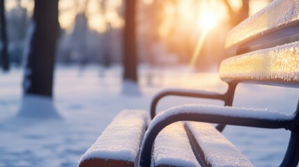 Snow-Covered Park Bench at Sunrise in Winter Landscape