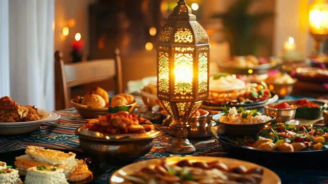 Lanterns placed on a beautifully set dining table, surrounded by traditional dishes, creating a festive atmosphere for Iftar during Ramadan