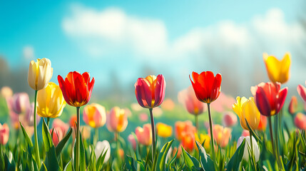 Vibrant photo of a blue sky with blooming flowers, ideal for Easter, Mother's Day or Spring Festival designs.