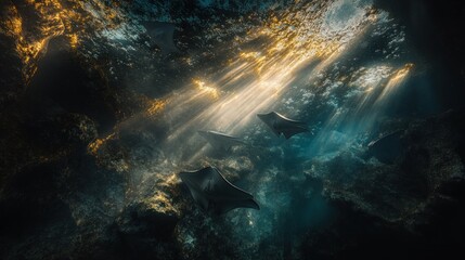 Obraz premium Rays swim through cave, light beams piercing water.