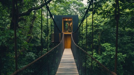 Fototapeta premium A minimalist cube-shaped tree house surrounded by dense green forest accessed by a wooden bridge, background wallpaper AI generated image
