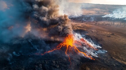 Volcanic Eruption Hazard Map with Virtual Twin Monitoring Lava Flow Projections and Copy Space on the Right