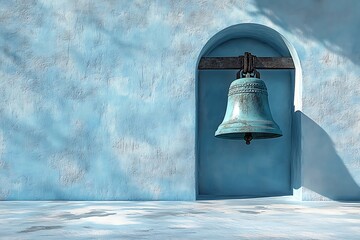 Obraz premium An old bronze bell hanging on a blue wall in an archway