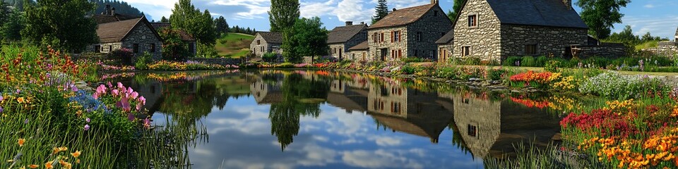 Obraz premium A peaceful village pond reflecting colorful flowers, stone houses, and tall green trees on a calm sunny day