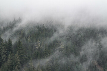 Fog on mountains moody landscape in British Columbia, Canada