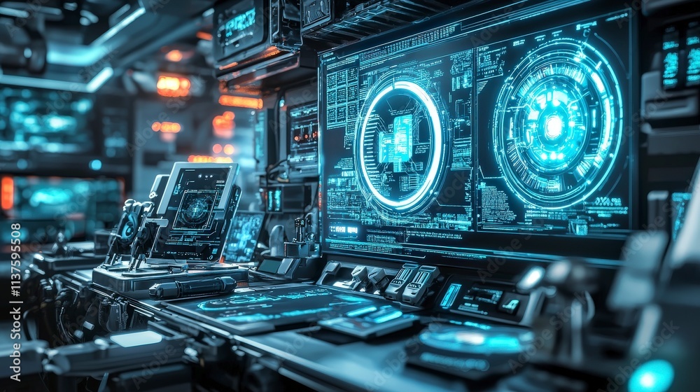 Poster Futuristic technology showcase high-tech lab digital interfaces sci-fi environment close-up view innovation concept