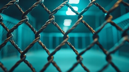 Fototapeta premium Restricted View: A View Through a Chain-Link Fence in a Darkened Space.