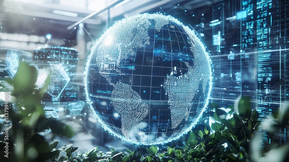 Poster global economic hub showcasing interconnected technology urban environment digital display futuristi