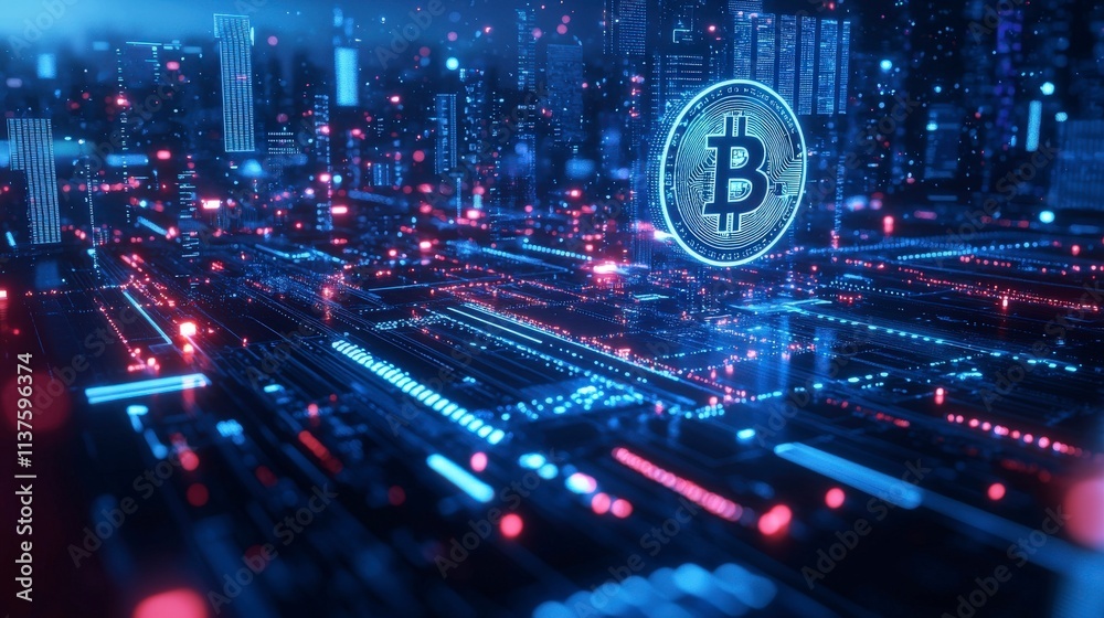 Aufkleber futuristic financial hub showcasing blockchain technology in a digital cityscape environment