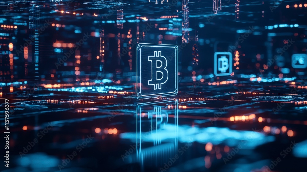 Aufkleber futuristic financial hub powered by blockchain technology virtual space digital art cyber environmen