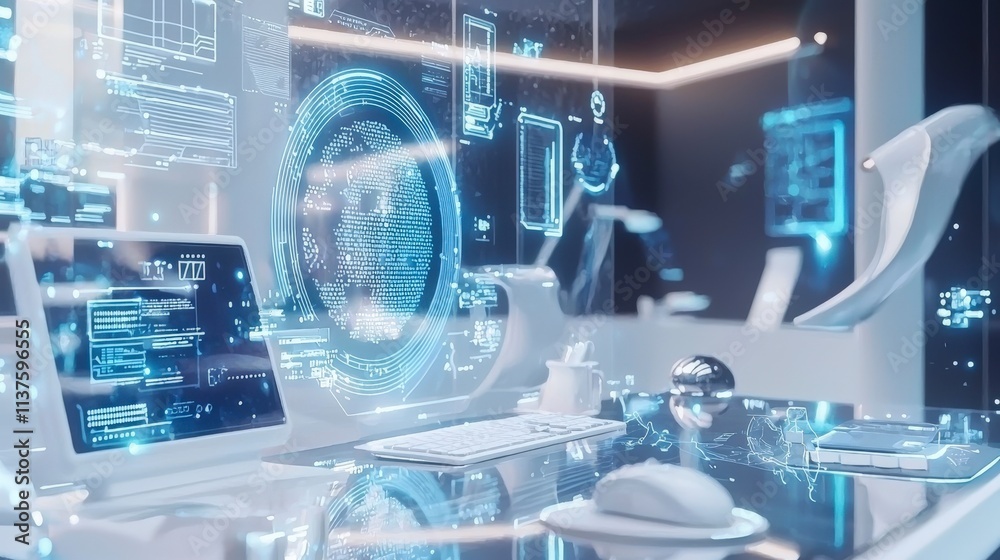 Poster futuristic workspace featuring advanced devices modern office digital environment tech innovation im