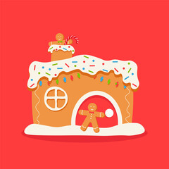 New Year gingerbread cookies: house, candy cane, and gingerbread men Merry Christmas greeting card, vector illustration EPS10