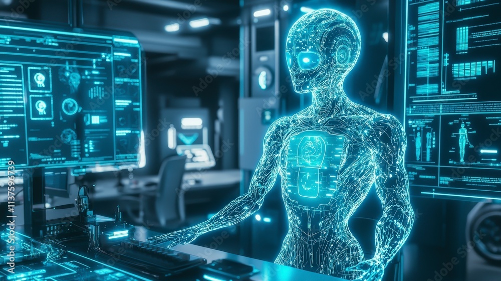 Fototapete advancing ai technology a glowing humanoid in a high-tech workspace futuristic environment digital a