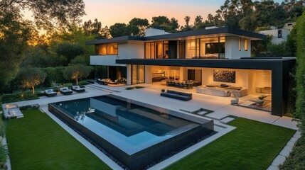 Luxurious minimalist house featuring a pool in the backyard. This house has a modern design background wallpaper AI generated image