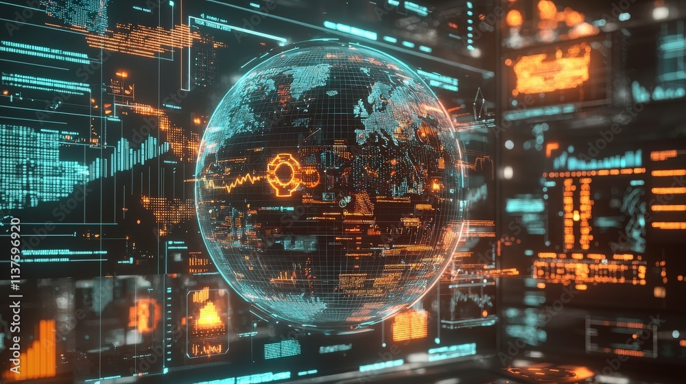 Aufkleber high-tech economic forum showcasing glowing global charts virtual environment data visualization fut
