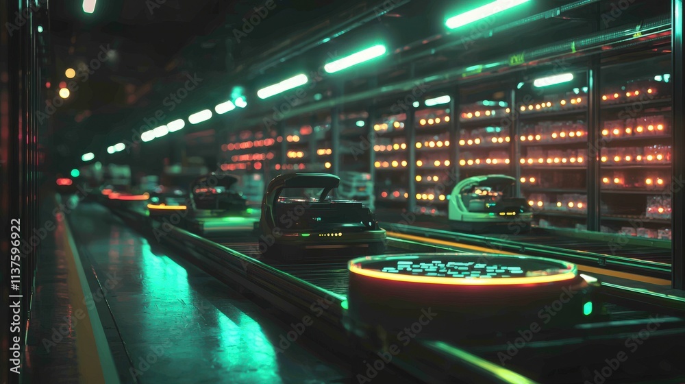 Poster automated retail warehouse operations modern facility technology showcase high-tech environment aeri