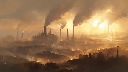 Industrial landscape with smoke and haze at sunrise in urban setting