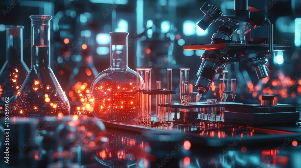 Poster revolutionary biomedical breakthrough in laboratory scientific process high-tech environment close-u