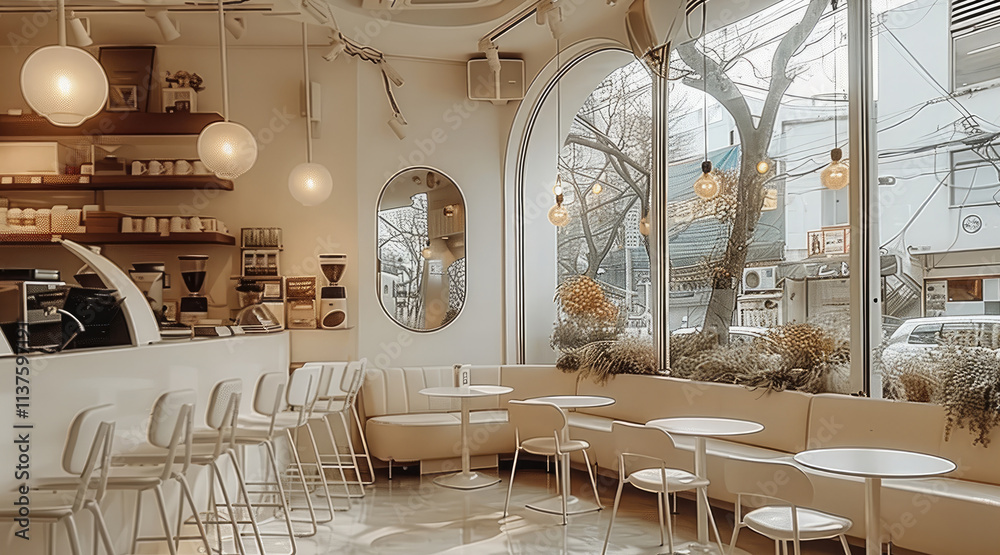 Poster a small white coffee shop with a glass wall, chairs and tables in the middle of which is an oval mir