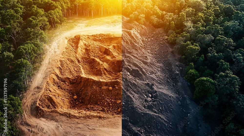 Poster detailed landslide risk map overlaid with a virtual twin simulation showcasing soil movement and dyn