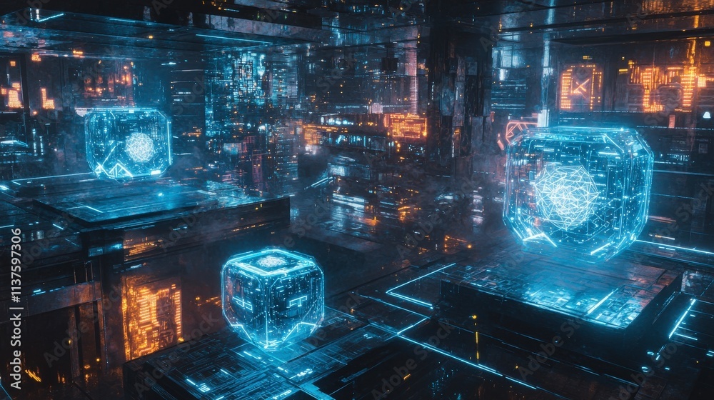 Aufkleber Exploring blockchain technology futuristic digital environment virtual reality high-tech immersive concept