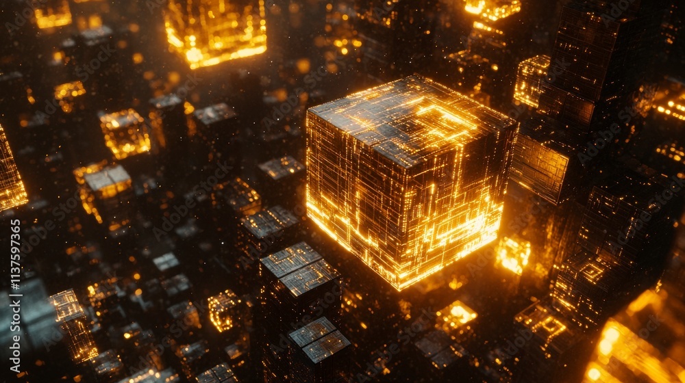 Fototapete Visualizing blockchain power digital transformation in a futuristic cityscape abstract environment aerial view