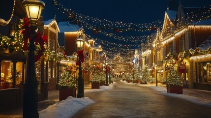 Obraz premium Enchanting Winter Street Decorated for Christmas Celebration Night