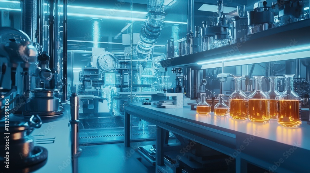 Poster Innovative research in a futuristic lab location unknown science content high-tech environment modern viewpoint