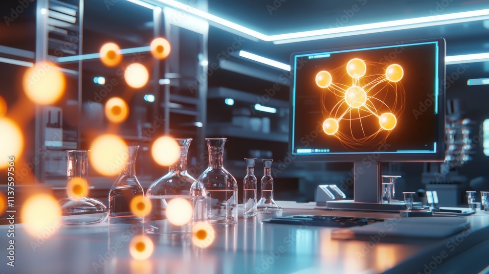 Poster innovative research facility showcasing molecular interactions sci-tech lab high-tech environment di