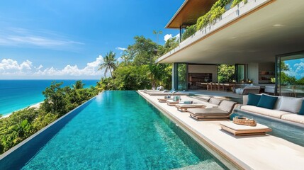 This luxurious modern residence located near the beach features an infinity pool that seems to flow into the sea background wallpaper AI generated image