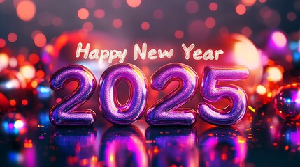 Festive and dazzling "Happy New Year 2025" bubble typography, presented in a glossy 3D style