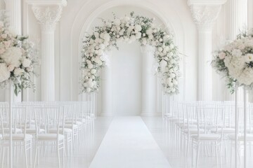 Fototapeta premium Elegant Wedding Ceremony Hall with Floral Arrangements and White Decor, Perfect for Celebrating Love and Commitment in a Beautiful Setting