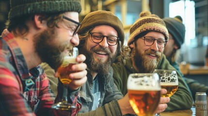 A group of hipster friends enjoying craft beers at a local brewery